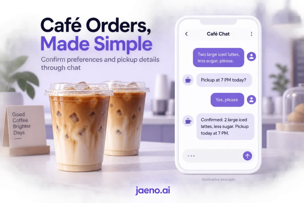 Sample café chat confirming two iced lattes with less sugar for evening pickup.