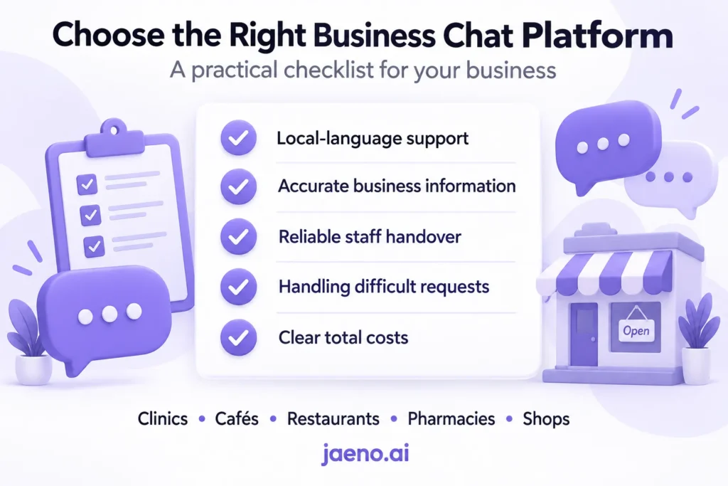 Business chat checklist covering language support, accurate information, staff handover and costs.