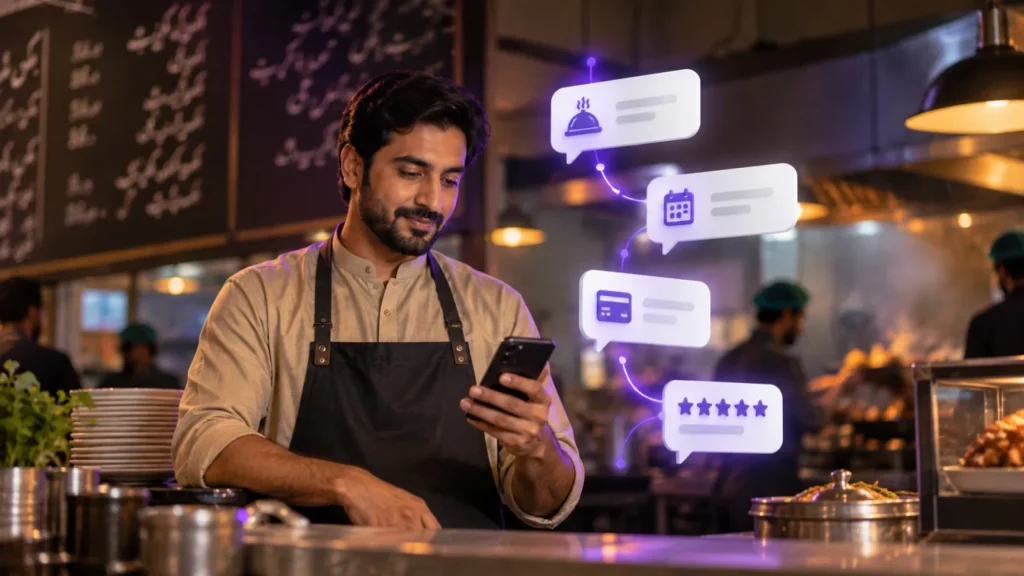 Restaurant owner using AI automation tools to manage customer messages and orders