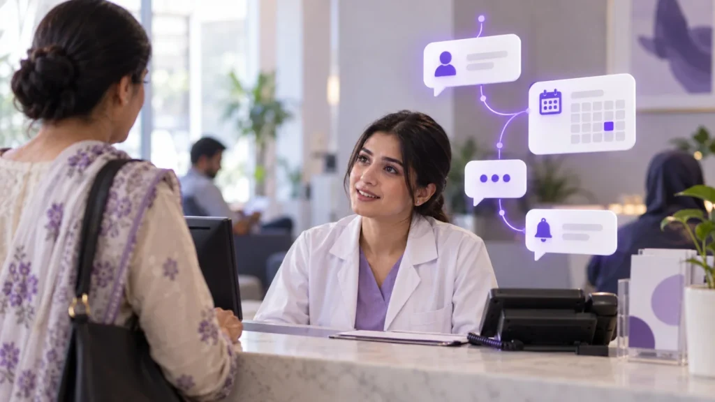 Clinic staff using AI automation system for appointment scheduling and patient communication
