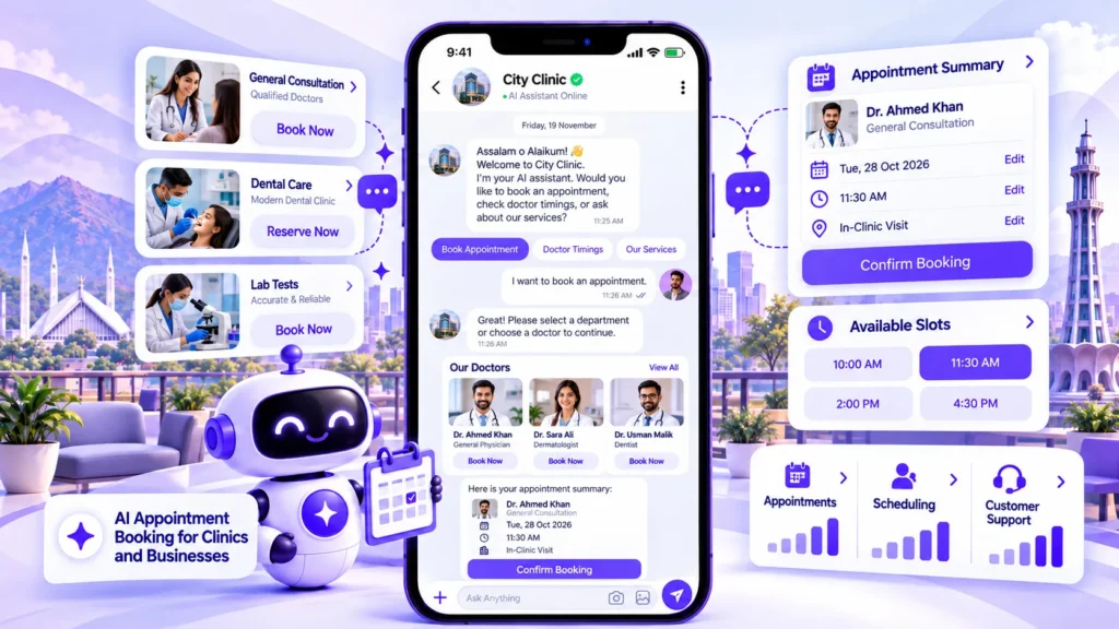AI business chat platform displaying appointment booking options and a digital scheduling calendar for clinics.