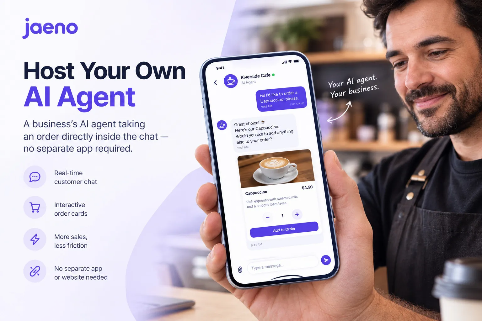 Business owner chatting with their own AI agent on a phone screen, showing an interactive order card