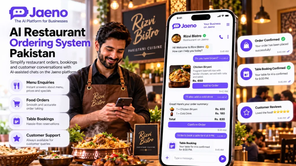 Restaurant AI assistant Pakistan deployment workflow showing a restaurant connecting its own AI agent to Jaeno for customer support and order management.