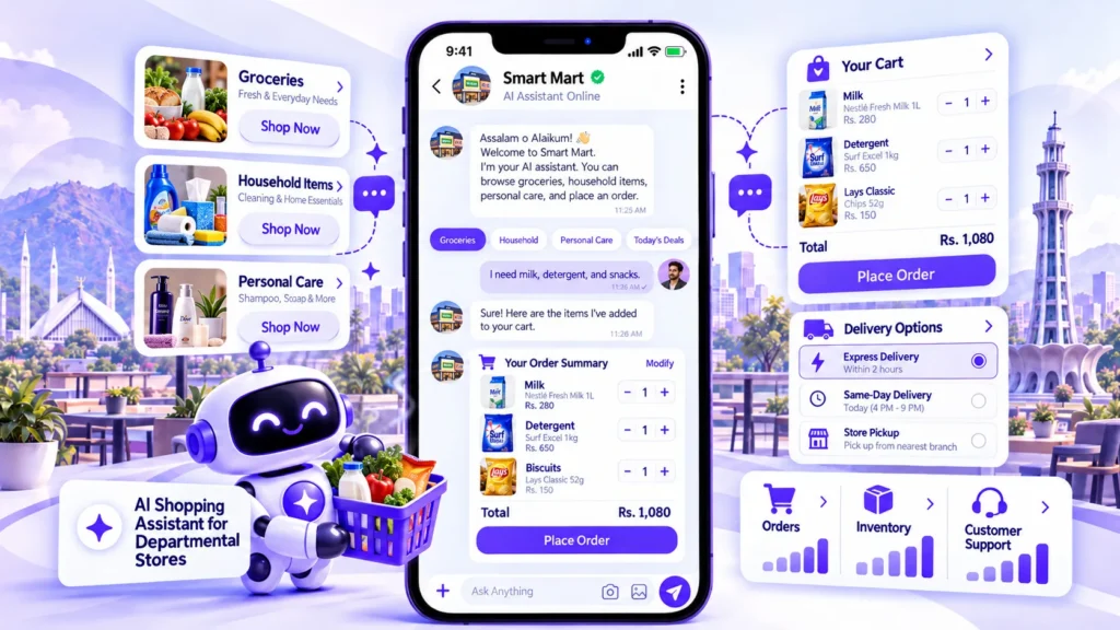 AI business chat app showing grocery shopping, product selection, digital cart, and online ordering through Jaeno.