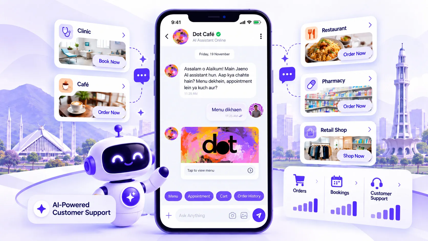 Business chat app displaying restaurant food orders and menu selection through a digital ordering interface.