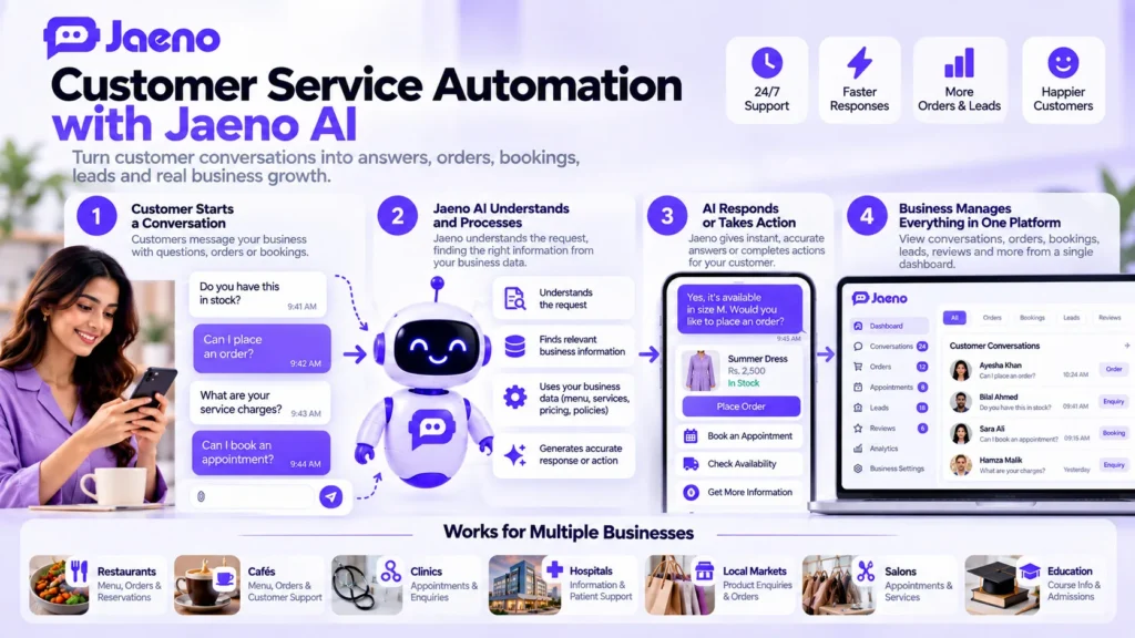 AI workflow automation connecting customer enquiries with orders, appointments, leads, reviews, and support through Jaeno