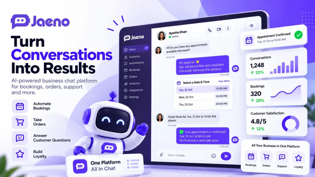 Business chat platform showing automated customer orders, digital menu selection, and appointment booking workflows.